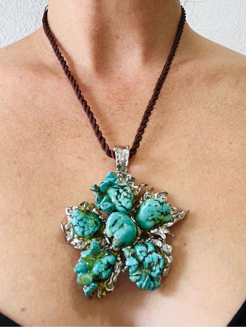 Artisan Silver Turquoise Howlite Floral Statement Pendant Large Magnetic Bail 3”